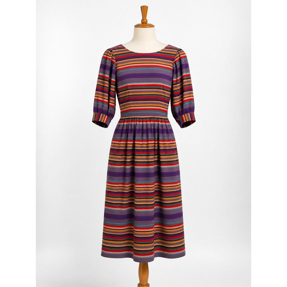 Vintage Lanz Originals Striped Midi Dress Multicolor Puff Sleeve A-Line Size XS